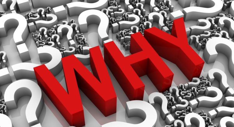 Red 3D word 'WHY' standing among gray question marks, conveying the concept of seeking why.