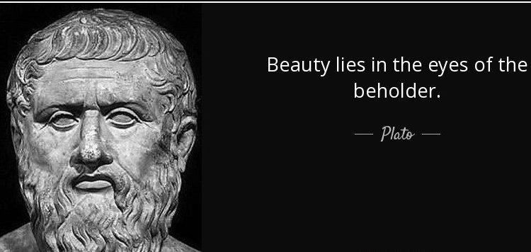 Grayscale bust of the philosopher Plato on the left, with a black panel on the right displaying the quote: 'Beauty lies in the eyes of the beholder.'