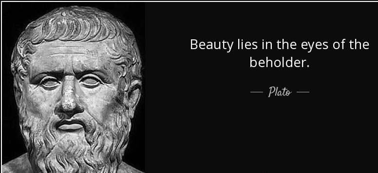 Grayscale bust of the philosopher Plato on the left, with a black panel on the right displaying the quote: 'Beauty lies in the eyes of the beholder.'