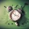 Broken alarm clock with scattered pieces on a green surface.