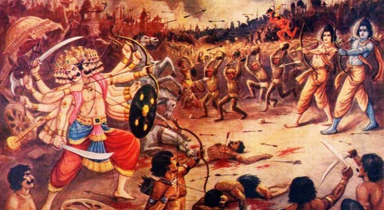 Epic battle scene with armed warriors clashing amid smoke and chaos, fire in the background and soldiers fighting at ground level.