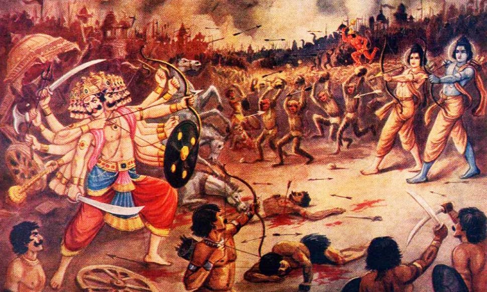 Epic battle scene with armed warriors clashing amid smoke and chaos, fire in the background and soldiers fighting at ground level.