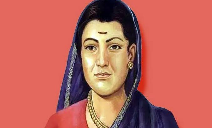 Portrait painting of a woman wearing a blue sari and gold jewelry against a coral background, looking straight ahead.