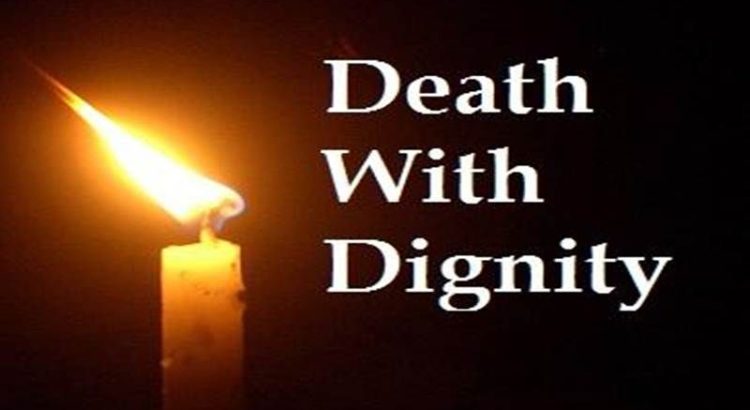 Lit candle on a dark background beside the text 'Death With Dignity'.