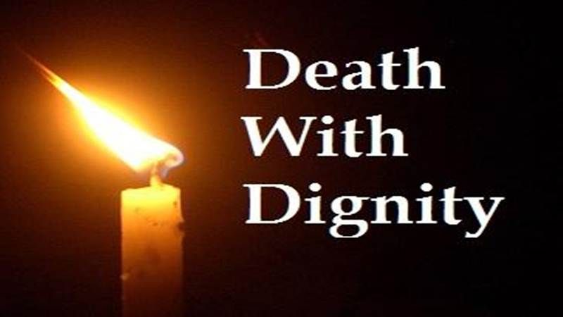 Lit candle on a dark background beside the text 'Death With Dignity'.